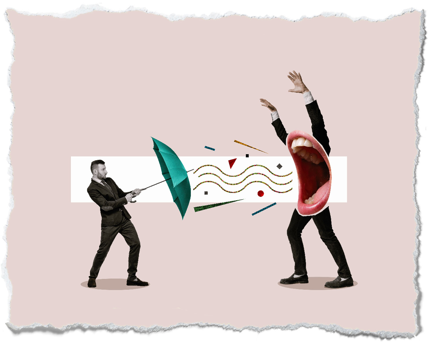 Content Moderation Services A collage of a man holding an umbrella, defending himself from elements that appear from another man yelling.