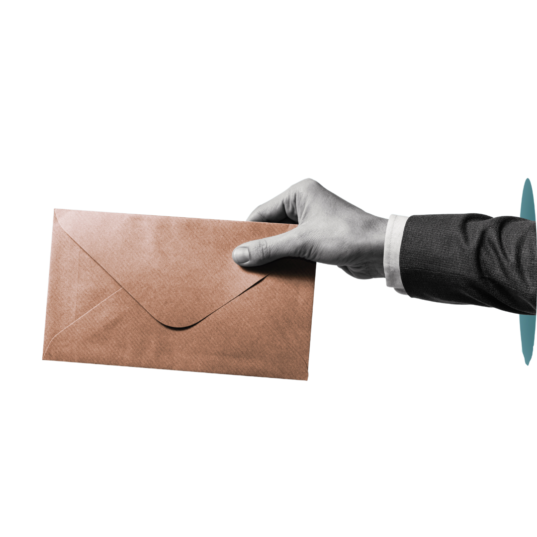 A suit wearing arm reaches out of a portal holding a brown paper envelope.