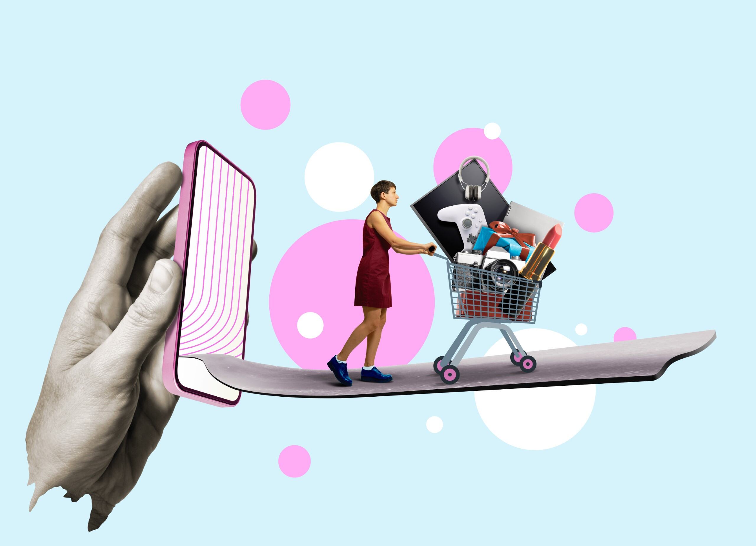 Customer Support Services A mixed collage image of a woman with a shopping cart full of products walking out from a mobile phone.
