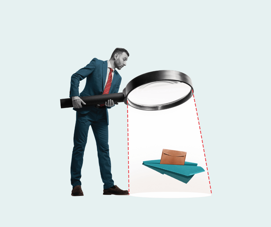 amplify social comment A collage image of a man holding a large magnifying glass over a paper plane carrying an envelope.