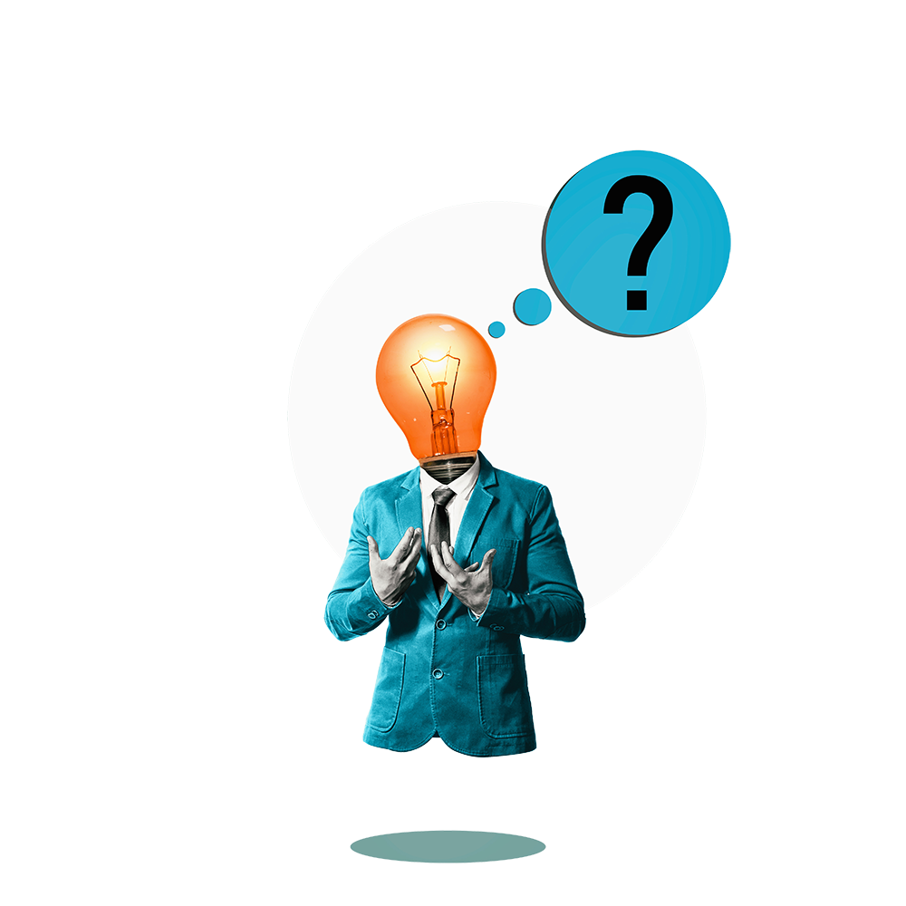 an upright hand presents a lightbulb. Another hand reaches out as if grasping an idea.